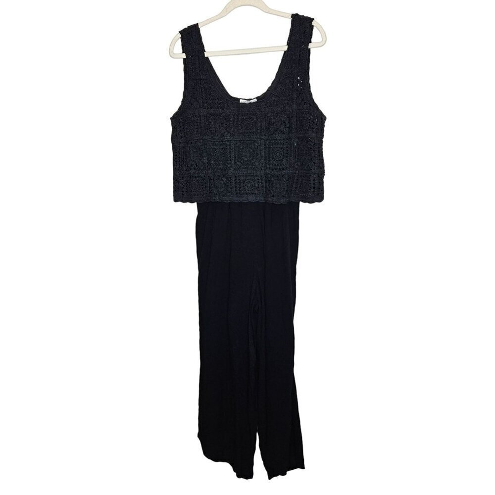 Indio Collective Black Crochet Sleeveless Jumpsuit Viscose Cotton Blend Size S‎